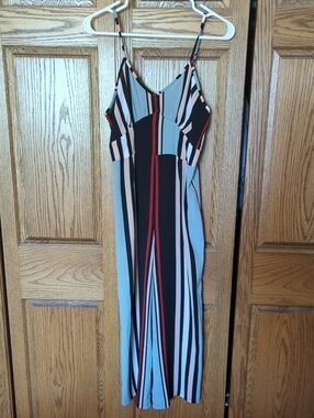Striped V-Neck Jumpsuit with Spaghetti Straps - Blue/Black/Nude